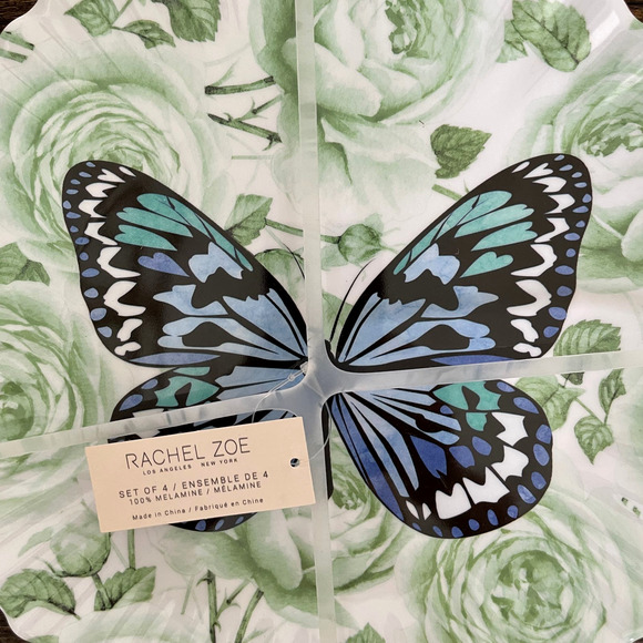 RACHEL ZOE Spring Floral Butterfly Melamine 10.75" Dinner Plates Set of 4 NEW - Picture 4 of 7